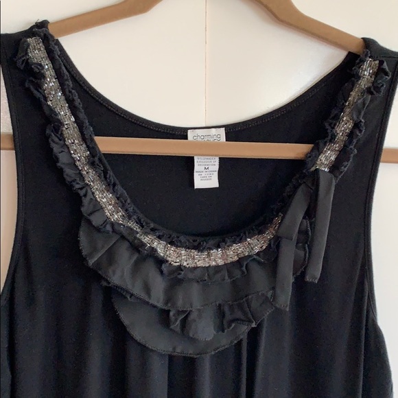 Women’s Black Tank with Beaded & Ruffled Neckline - Picture 2 of 8